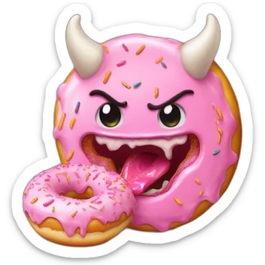 a demon eating a pink frosted donut sticker