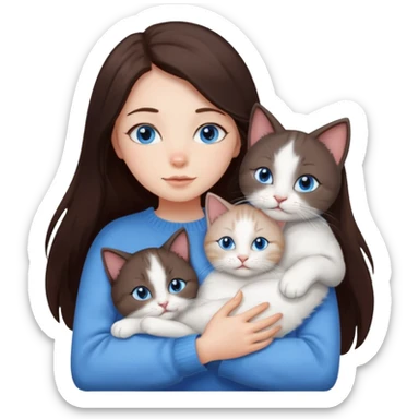 a girl with long dark 
brown hair, with blue eyes, in a
white sweater, hugs 3 different natural coloured cats sticker