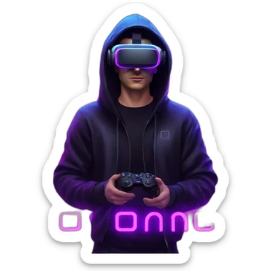 Russian man wearing a black hoodie with "OMG" letters on it and VR headset in a cyberpunk VR environment with violet neon lighting. sticker