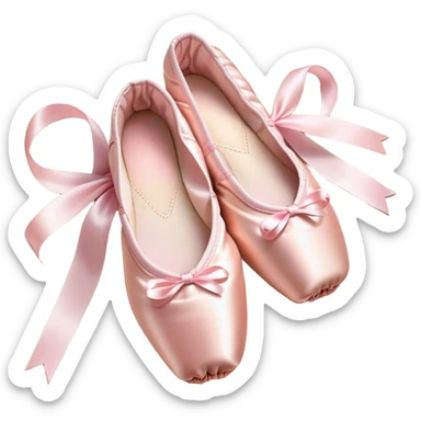 Cinematic Realistic Ballet Shoes, soft satin pink pointe shoes with delicate ribbons, resting gently on a polished wooden floor, subtle creases in the fabric, glowing under the warm golden light of a rehearsal studio, evoking elegance and grace. sticker