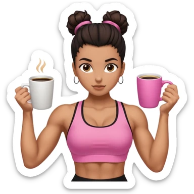 Caramel skinned toned female with a black messy bun for hair. Her eyes are a coffee color brown and almond shaped. She’s wearing a pink sports bra and showing off her flexed muscular toned biceps. sticker