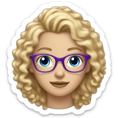 caucasian curly blonde long haired blue eyed woman with purple t-shirt and black glasses sticker