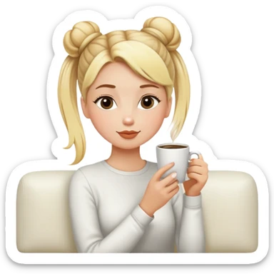 girl with blonde hair in a bun sipping coffee on white couch sticker