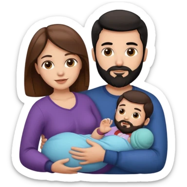 Una mujer con pelo castaño y ojos marrones y un hombre con pelo negro y barba y un solo bebe sticker