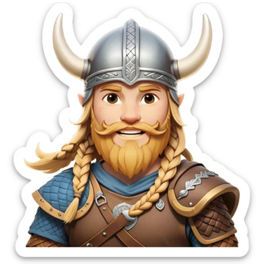 Clash of Clans aesthetic: Cinematic Cheerful Viking Portrait Emoji, With a bright, confident smile and a relaxed, adventurous stance, showcasing a stylized, spirited build with a classic Viking helmet and braided hair, his natural skin tone lending authenticity, Simplified yet expressive features, highly detailed, glowing with a soft, golden Nordic radiance, high shine, upbeat and courageous, stylized with an air of classic Viking heroism, soft glowing outline, capturing the essence of a cheerful Viking ready to embark on legendary quests! sticker