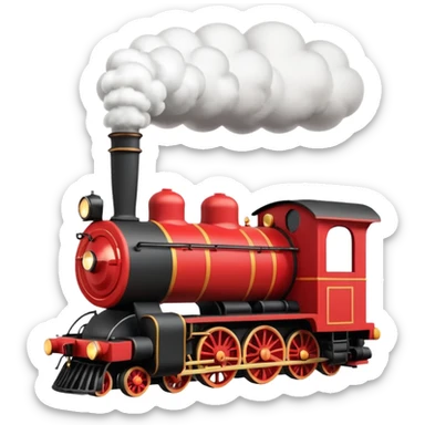 A 3D cartoon classic steam locomotive with a chimney releasing smoke, red and black body, bright sky background, Memoji-style rendering. sticker