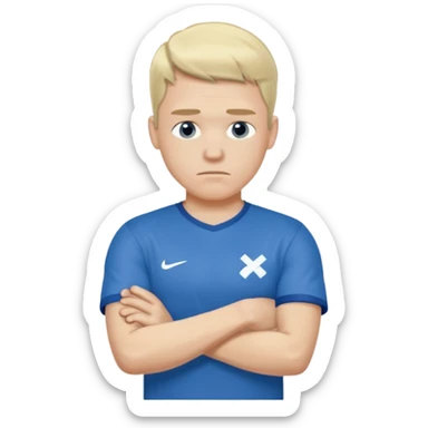 Pale blond man in blue football t shirt crossed arms (he is cold trembling ) sticker