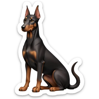 cinematic-[doberman]-realistic-full-body-sitting-emoji,-tail-resting-loosely-beside-its-paws,-head-tilted-dramatically, dooped ears -sleek-[black and tan]-fur,-simplified-yet-realistic-focused-features,-highly-detailed,-glowing-with-an-almost-sarcastic-glow sticker
