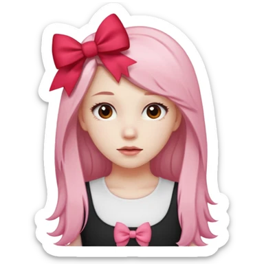 girl with long hair with side parted pale skin red pink bow in her hair and wearing a white basic top sticker