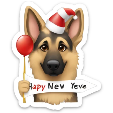Blonde and brown German shepherd holding a sign that says “Happy New Years Eve” sticker