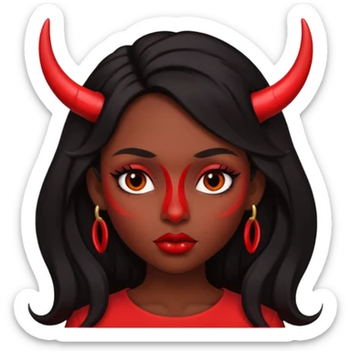 A skin red girl's face with cheekbones, long black hair, small red horns, big lips sticker