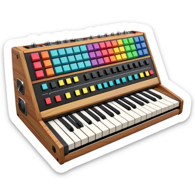 3D render of Synthesizer, vintage 1980s audio equipment aesthetic, tactile analog buttons, black matte keys with colorful rainbow slider knobs, mixed wood grain and brushed aluminum textures, Apple emoji style, isolated on white background --v 6.0 sticker