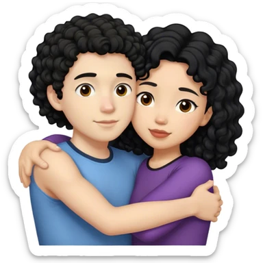 A white boy with black curly hair hugging a shorter asian girl with black hair  sticker