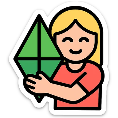 blond girl hugging a plumbob, icon style, geometric shapes, bold lines, limited color sticker