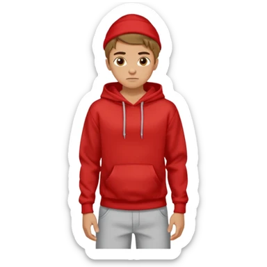 make me an emoji of an americain 19 yearold boy in a red hoodie that says "south" on it and give him with tan skin with his hands in his hands in his pocket not grining flexing his muscles sticker