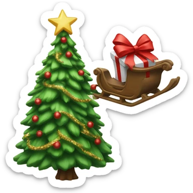  A Christmas tree with a red bow and Santa's sleigh flying overhead sticker