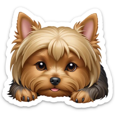 Meme-Worthy Cute Sleeping Yorkshire Terrier Portrait Emoji, Head resting gently with a peaceful, contented expression and softly closed, dreamy eyes, featuring a well-groomed, silky fur in rich hues, simplified yet irresistibly endearing, highly detailed, glowing with a gentle, drowsy radiance, high shine, exuding relaxed, heart-melting charm, styled with a soft glowing outline, capturing the essence of a sleeping Yorkshire Terrier that looks as if it could drift off into a sweet, meme-worthy slumber! sticker