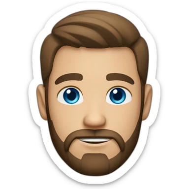 White man with a slight sun kissed tan, blue eyes and brown hair. He has a beard and mustache trimmed. Wears black clothing and wears his hair styled sideways backwards. sticker