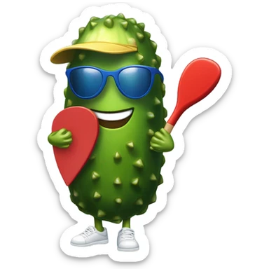 pickle with legs, wearing a jersey, mouth smiling, wearing cap, holding a solid red paddle ball racket, blue backgound, wearing sunglasses sticker