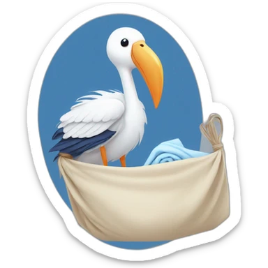 White stork carrying a blue bundle of cloth in its beak that has a human person cute baby with and the human baby head is peeking from the fabric bundle the strok is carrying with its beak sticker