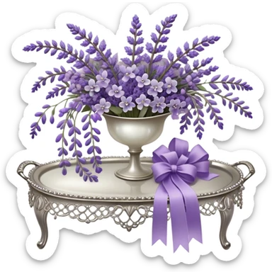 A cascading bouquet of lavender, blending soft lilac, dusky violet, and deep amethyst hues, is wrapped in delicate pearl-colored lace, tied with a silky wisteria ribbon. The stems, slightly uneven and wild, spill gently over the edge of an antique silver tray, where a few loose buds rest, their fragrance mingling with the faint scent of aged paper and timeworn fabric.
 sticker