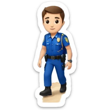 Adventurous man hiking with a police badge with mountains in the background. The French flag is on a tree sticker