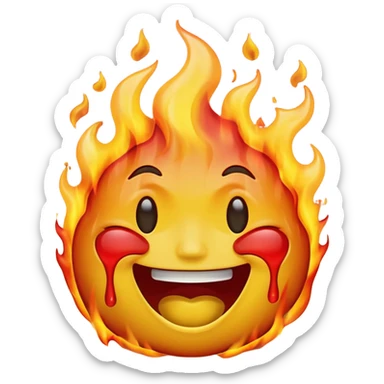 A high-resolution, surreal emoji face with a transparent background. The emoji is simultaneously laughing, crying, and melting while on fire.  sticker