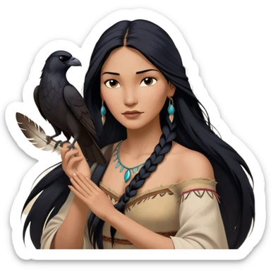 Cinematic Realistic Pocahontas Portrait, depicted with lifelike skin texture, soft natural lighting, and intricately detailed long, flowing raven-black hair that moves gracefully in the wind. Her deep, soulful dark brown eyes exude wisdom and strength, complemented by a serene yet powerful expression. She is shown gently holding a feather in one hand, her other hand resting lightly at her side, embodying the harmonious balance between nature and herself. She is dressed in her classic one-shoulder native American dress, with rich fabric textures and delicate beaded details that catch the light beautifully. The portrait features a soft, sun-kissed glow with a natural, radiant finish, capturing the essence of untamed beauty and deep connection to nature in a realistic and painterly style, evoking a sense of depth and authenticity. sticker