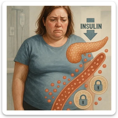 Realistic woman in clinical environment, about 38 years old, overweight on abdomen and face. Expression of fatigue and frustration. Around: stylized pancreas with low insulin symbol, glucose in the blood, cells with closed padlocks. Realistic and symbolic style. sticker
