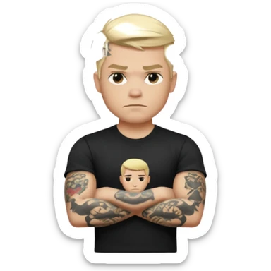 male memoji, blonde man with tattoos on arms, black t-shirt, arms crossed, intense stare, edgy rebel vibe sticker