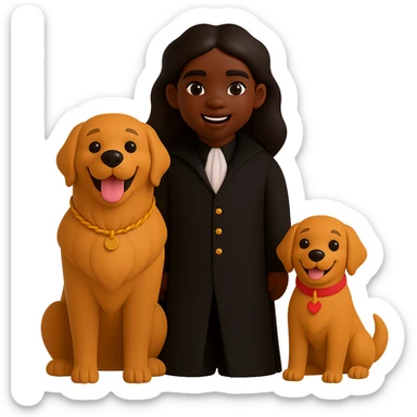 Change the vampire to have brown skin and dress all in black, keep the vampire on the left and the happy golden retriever on the right, preserve the 3D emoji style, keep the background transparent. The style to emulate is 3D emoji style with transparent background. sticker