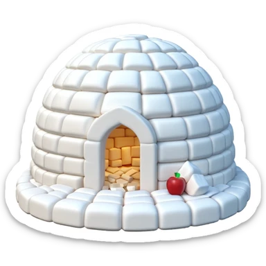 3D render of Marshmallow Igloo, made entirely of dessert materials, glistening sugar crystal texture, soft powdery white marshmallow bricks, delicious confectionery aesthetic, Apple emoji style, isolated on white background --v 6.0. sticker