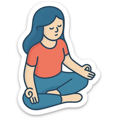 a woman with long hair sitting in lotus pose, meditating with eyes closed, 2D isometric illustration style sticker