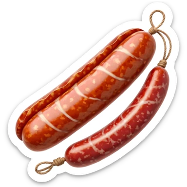 short thick sausage with white-mottled casing, whole with several thin slices and a twine loop, marbled red meat and fat, no extras, soft lighting, subtle shadows, emoji scale sticker