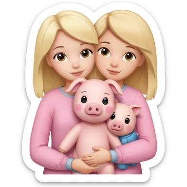 Girlfriends, blonde and brunette, hugging each other with a teddy bear and a little pig sticker