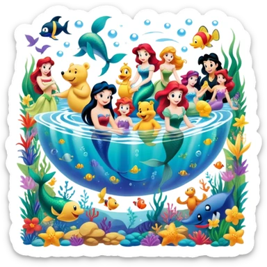 Icon for Animated Characters: A colorful, large-scale collage of beloved cartoon characters, including Franco, Mickey Mouse, Winnie-the-Pooh, Ariel the Little Mermaid, Jasmine and others. Bright and vibrant, full of whimsical charm. Transparent background. sticker