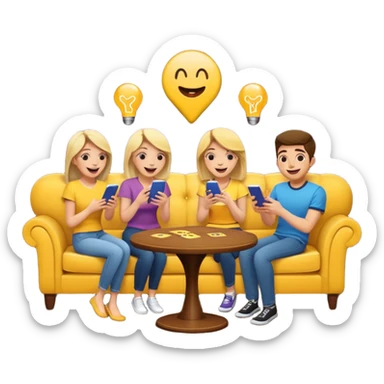 group of friends on couch playing a trivia game couch should be deep dark yellow color.  include a small wooden table in front of the couch as well sticker