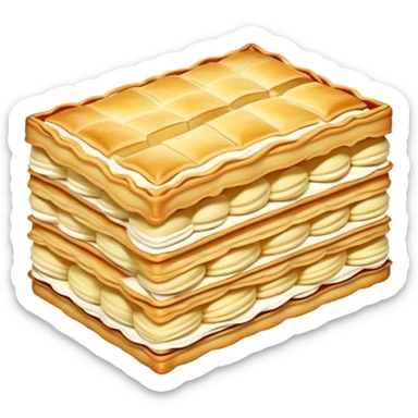 mille-feuille-cinematic-realistic-mille-feuille-dessert-emoji,-depicted-as-a-rectangular delicate-pastry-composed-of-two-crisp-layers-of-puff-pastry-with-a-rich-cream-filling,-rendered-with-intricate-textures-and-elegant,-soft-lighting. Please only show two layers only. sticker