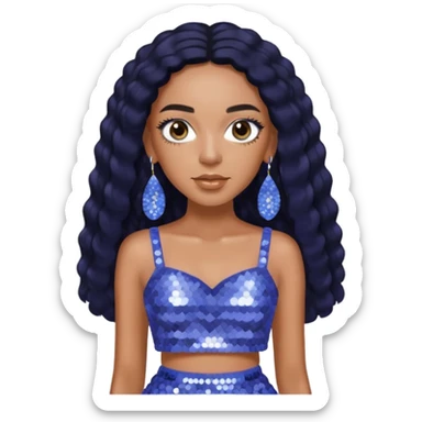 Solange with long black hair, periwinkle sequin crop top, periwinkle sequin skirt, periwinkle earring sticker