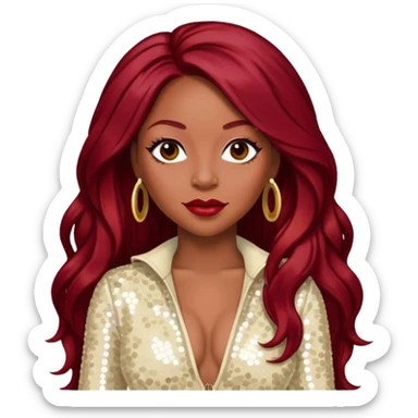 LaTavia Robeson from Destiny's Child with long dark red hair, ivory sequin outfit sticker