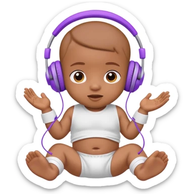 a brown skin cute baby in a white diaper and purple headphones sticker