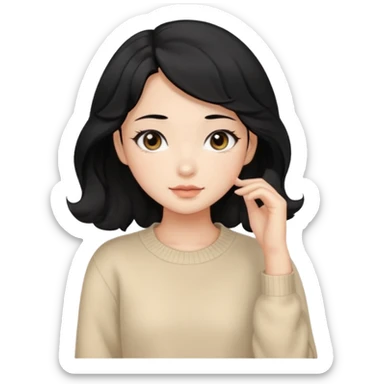 Beautiful girl,Black hair,wavy hair，long hair,Black eyes,Chinese, beige sweater  sticker