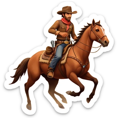 An icon representing an adventure game, inspired by Red Dead Redemption II. The design features a rugged cowboy riding a galloping horse across an open prairie, with towering mesas, cacti, and a golden sunset in the background. The atmosphere conveys freedom, action, and the thrill of the untamed frontier. Transparent background. sticker