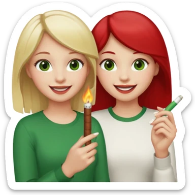a girl with blonde hair and green eyes that are red in the white part holding a joint, and a girl with darkbrown hair beside her laughing with brown eyes that are also red on the white part sticker