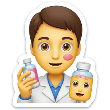 Can you create an emoji where it’s a basic yellow face emoji with wide crazy eyes and a small smile as well as blushed cheeks, and have it holding a pill near its mouth while a prescription bottle is next to it sticker