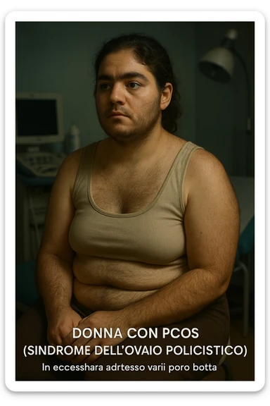 vertical realistic cinematic illustration of a woman with PCOS (polycystic ovary syndrome), visible excess hair on face, arms, and body, clinical atmosphere, dramatic lighting, Italian captions, aspect ratio 2:3 sticker