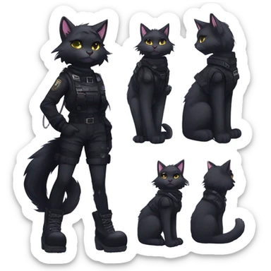Gorgeous furry dark techwear anime style anthro black cat fursona with blushing face aesthetic and pretty edgy black with collar and harness trending style sticker