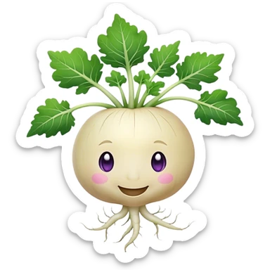 white turnip with slight purple shading with cute smiling baby-like face and leafy stalk and cute spindly roots from the bottom sticker
