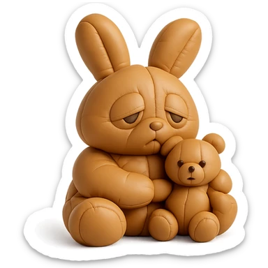 caramel bunny holding teddy bear, eyes drooping, cushion style sticker