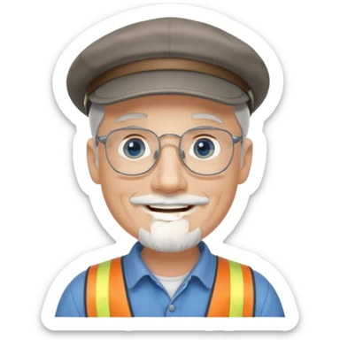 Older cute white male, goatee, grey Irish flat cap, smiling,handyman, blue eyes wire rim glasses, goatee sticker